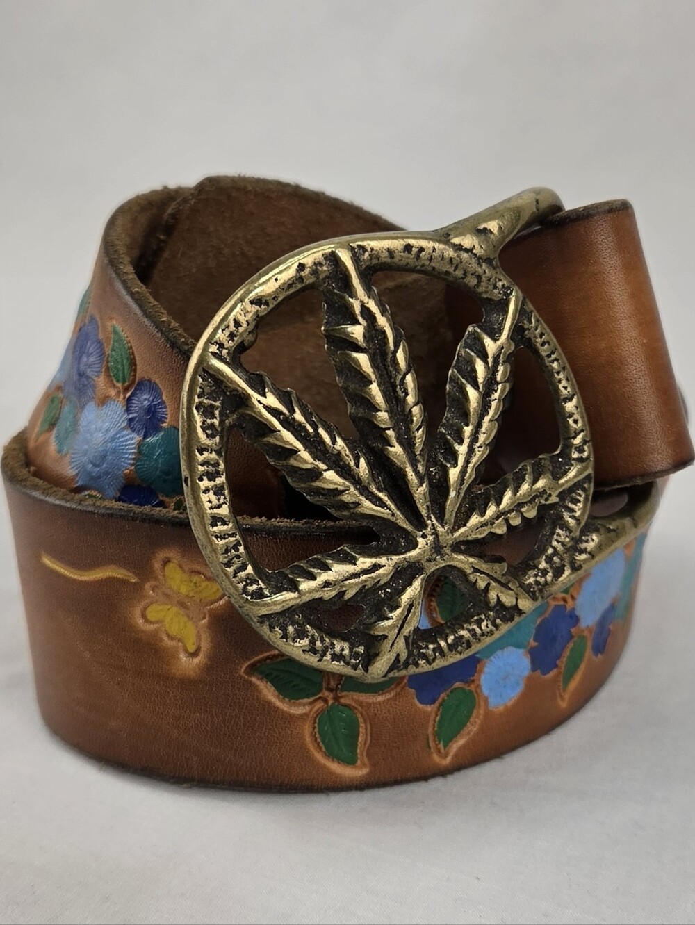 Leather Floral Tooled Belt with Brass Leaf Buckle - Brown